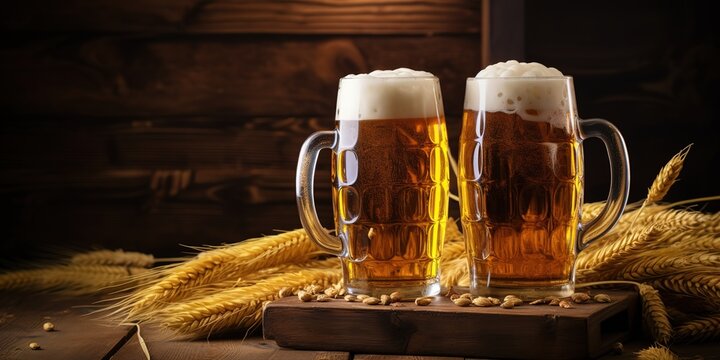 Two beer glasses and a beer barrel with wheat on a wooden table.