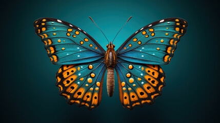 Colorful butterfly in studio lighting with wings spread, vibrant blue and orange colors, macro generative ai shot