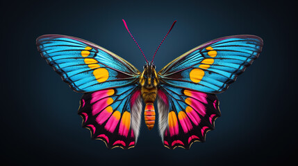 Colorful butterfly in studio lighting with wings spread, vibrant blue, pink and yellow colors, macro generative ai shot