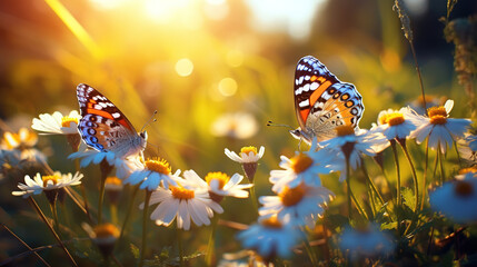 Two butterflies on white flowers, close-up shot with lens flare, generative ai