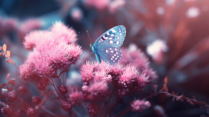 Blue butterfly on purple flowers, close-up shot with lens flare, generative ai