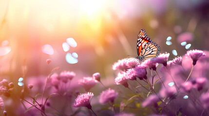 Butterfly on purple flowers, close-up shot with lens flare, generative ai
