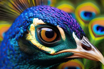 Poster Portrait of a peacock with colorful feathers. Selective focus. © mihrzn