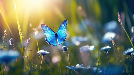 Blue butterfly flying above blue flowers, close-up shot with lens flare, generative ai