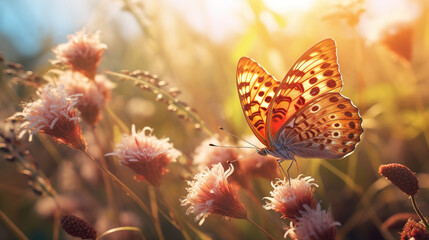 Butterfly on orange flowers, close-up shot with lens flare, generative ai