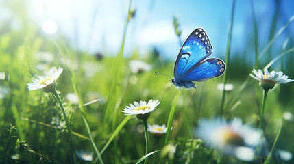Blue butterfly flying above blue flowers, close-up shot, generative ai