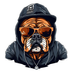 Bulldog wearing hat with sunglasses. Modern street style for sticker or t-shirt design. Generative AI