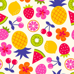 Colorful tropical fruit and hibiscus flower seamless pattern for summer holidays background.