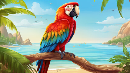 Beautiful seaside view with parrot on sky background