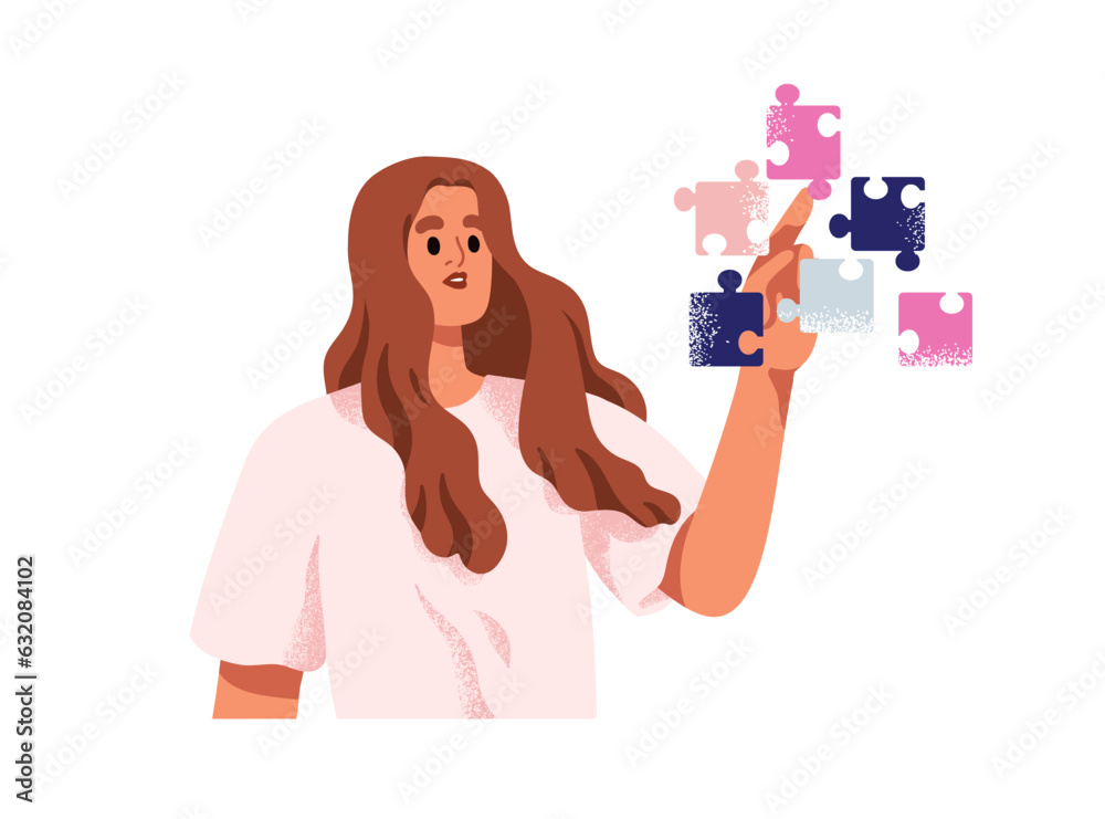 Aufkleber Connecting puzzle, joining jigsaw pieces with hand. Smart woman thinking, solving problem, finding solution. Logic and intelligence concept. Flat vector illustration isolated on white background