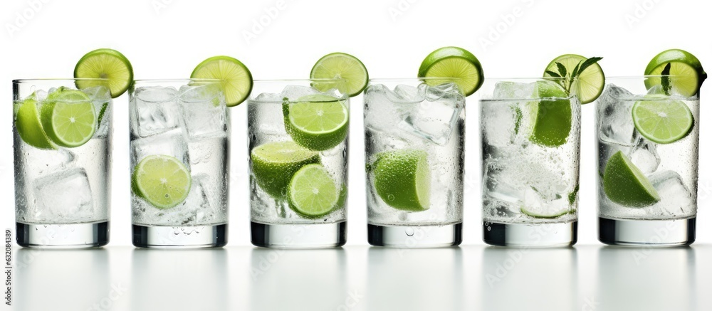 Poster A picture of a glass of gin and tonic with ice and lime is shown on a white background with empty space for text.
