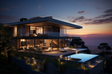 Fototapeta premium Photorealistic Architecture: Modern Masterpiece at Dusk. Generative AI