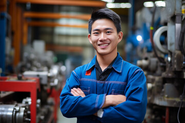 Portrait of Asian male engineer worker or industrial maintenance worker enjoy working in factory.