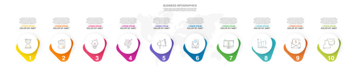 Vector infographic design template. Modern timeline concept with ten steps, circles. Vector illustration used for diagram, workflow layout, banner, webdesign, presentations, flowchart