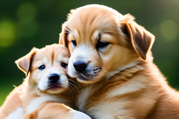 mother dog holding a cute little puppy generate AI