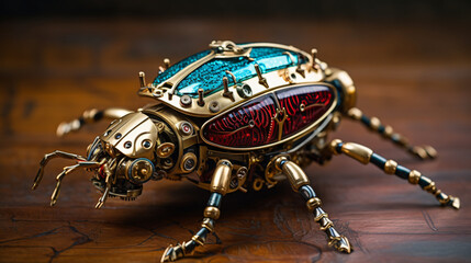Fototapeta na wymiar Beautiful steampunk brass mechanical beetle
