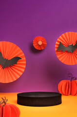 Product Display halloween decor party holiday studio set up in orange and violet color background with bat ,pumpkin,spider web