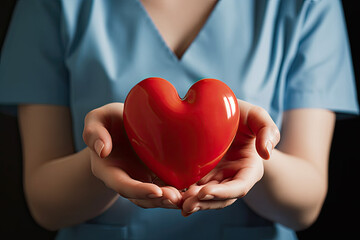 Close-up of a red heart in the hands of a woman doctor