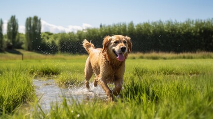 happy golden retriever dog running through splasing water in a green field on a beautiful summer...