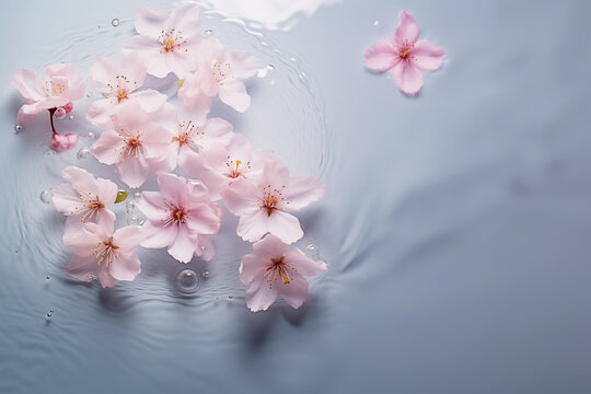 Water background. Pink aqua texture, surface of ripples, transparent, flower, shadows and sunlight. Spa and cosmetic concept background. Flat lay, top view, copy space, banner