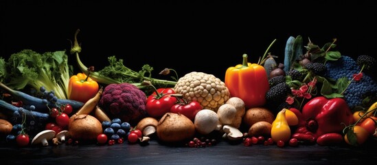 A variety of autumn vegetables, berries, and mushrooms from the local market are laid out on a dark blue background, perfect for fall recipes. These vegan ingredients are ready to be used in delicious