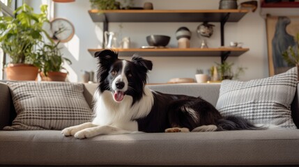 happy border collie dog is lying on a cozy sofa in a modern living room