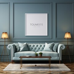 Luxury sitting room mockup: Chesterfield sofa in soft baby blue leather with rivets,poster hanging from the dark blue wooden wall paneling, polished wooden floor and carpet