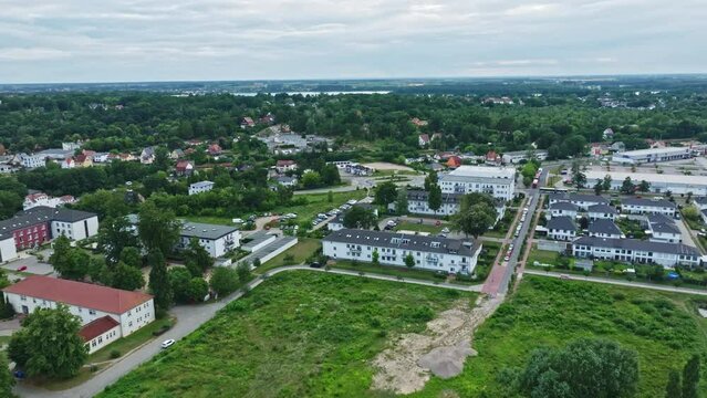 Aerial drone shot of Werder (Havel) , it is a town in the state of Brandenburg, Germany, located on the Havel river in the Potsdam-Mittelmark district .