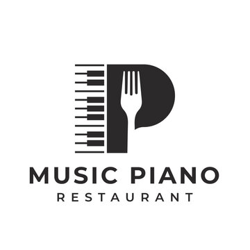 Letter P Logo piano instrument or playing music. with a fork kitchen utensil. two black variations on an isolated white background. applies to restaurant logo applications
