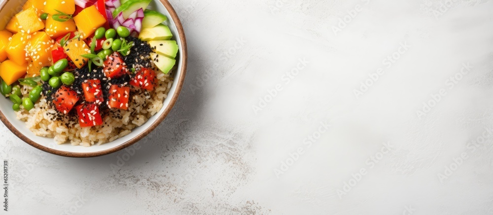 Poster a vegan poke bowl that is tasty and colorful, placed on a light gray background. it is a fresh and h
