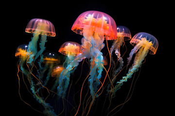 Bioluminescent jellyfish in the deep sea on black background.