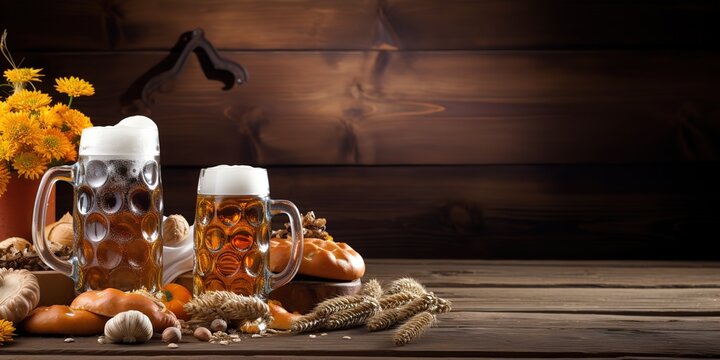 Delicious pretzels and a mug of beer on a wooden table
