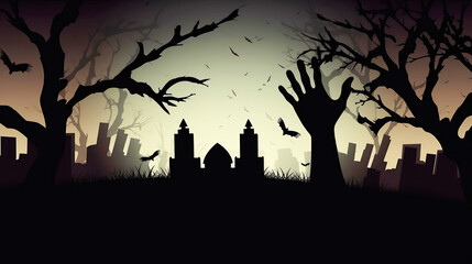 Halloween holiday, zombie hand on cemetery.