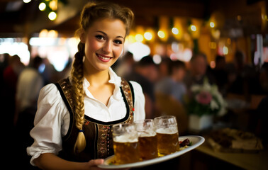 Obraz na płótnie Canvas Oktoberfest waitress, wearing a traditional Bavarian dress, serving beers. German traditional festival. Shallow field of view