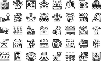 Artificial intelligence in agriculture icons set outline vector. Smart field. Farmer solar
