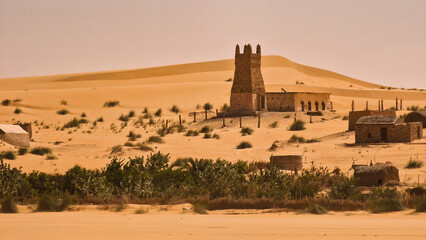 Panorama of an ancient mosque in Mauritania 