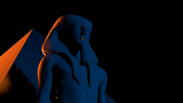 Egyptian pharaoh statue and pyramid on black background 3d 4k animation with copy space. Flying sparkles of flame.