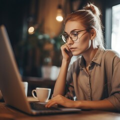 Young freelancer woman in cafe working on a laptop computer. Stylish student girl studying online in city. generative ai