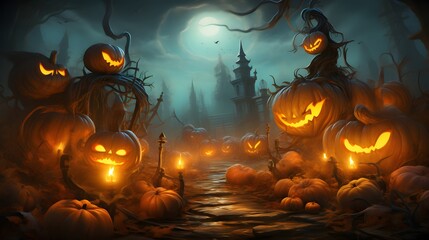 halloween scene horror background with creepy pumpkins of spooky halloween