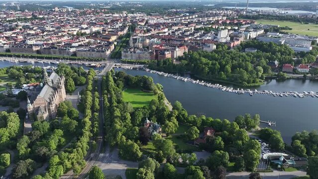 Aerial reveal from Djurgarden Island, Museum to Karlaplan Park promenade and waterfront of Stockholm.