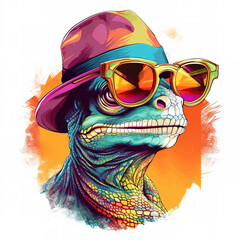 Lizard wearing hat with sunglasses. Modern street style for sticker or t-shirt design. Generative AI