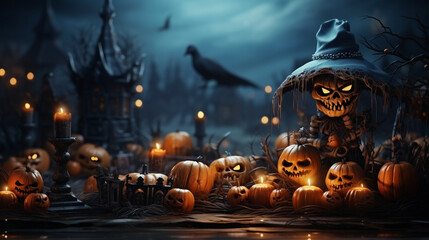 halloween pumpkins and a skeleton in a cemetery at night