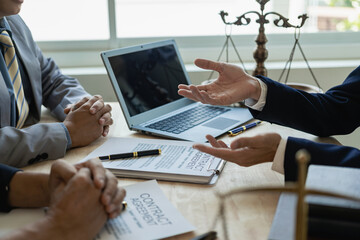 Attorneys are providing information about client hearings at the attorney general's office, the judge consults the client team, legal service concepts. Remote Picture