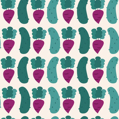 cute hand drawn seamless vector pattern background illustration with cucumberss and radishes