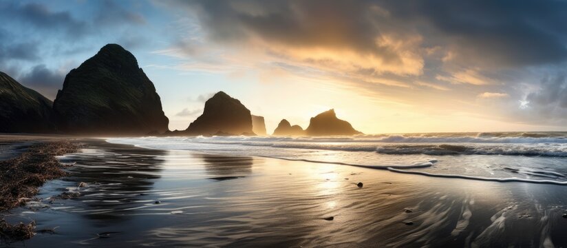A picture of Karekare Beach at sunset in Waitakere, Auckland, captured using a long exposure technique.