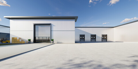 3d rendering of distribution center, warehouse exterior. Include  roller shutter, truck, box, forklift and space on concrete floor for industrial background and concept of logistics, import export. - obrazy, fototapety, plakaty