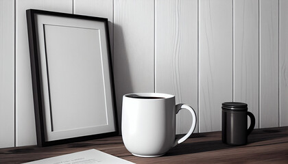 Fototapeta na wymiar Mockup of a white wall in a room with coffee cups or mug on empty table white wood wood, white cup of coffee on the table, Ai generated image 