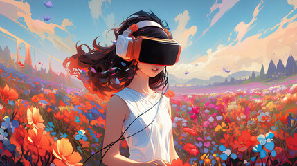 Cute Girl in vr glasses, Woman Character wearing virtual reality headset, Flower fields background