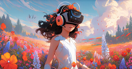 Cute Girl in vr glasses, Woman Character wearing virtual reality headset, Flower fields background