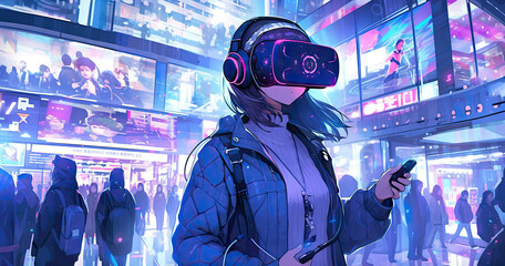 Cute Girl in vr glasses, Woman Character wearing virtual reality headset, City background